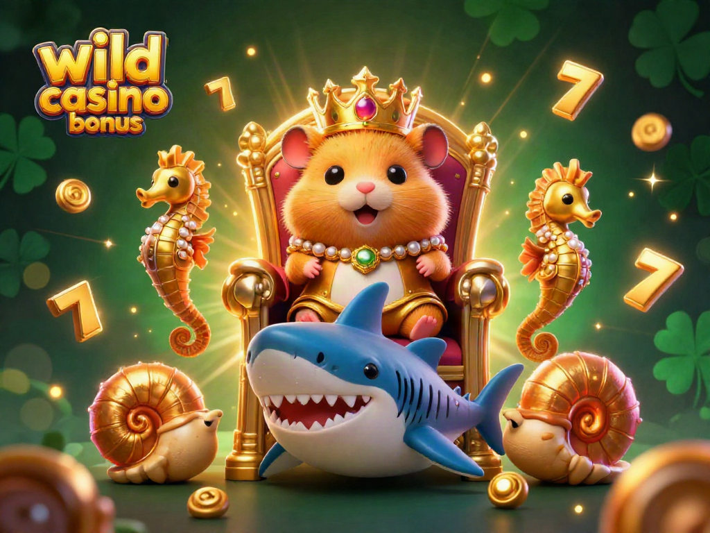 Engage with the wild tokyo casino bonus illustration featuring a vibrant hamster king on a shark throne, with magical casino elements.