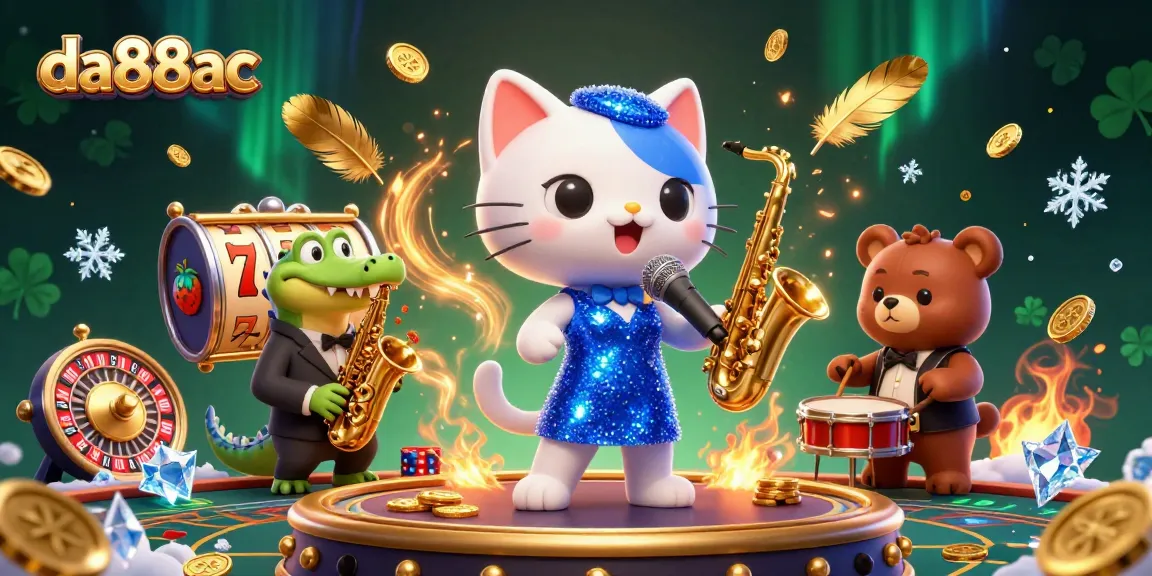 Experience excitement at da88ac with a lively scene of a jazzy cat, crocodile, and bear cub performing on stage, surrounded by casino elements.