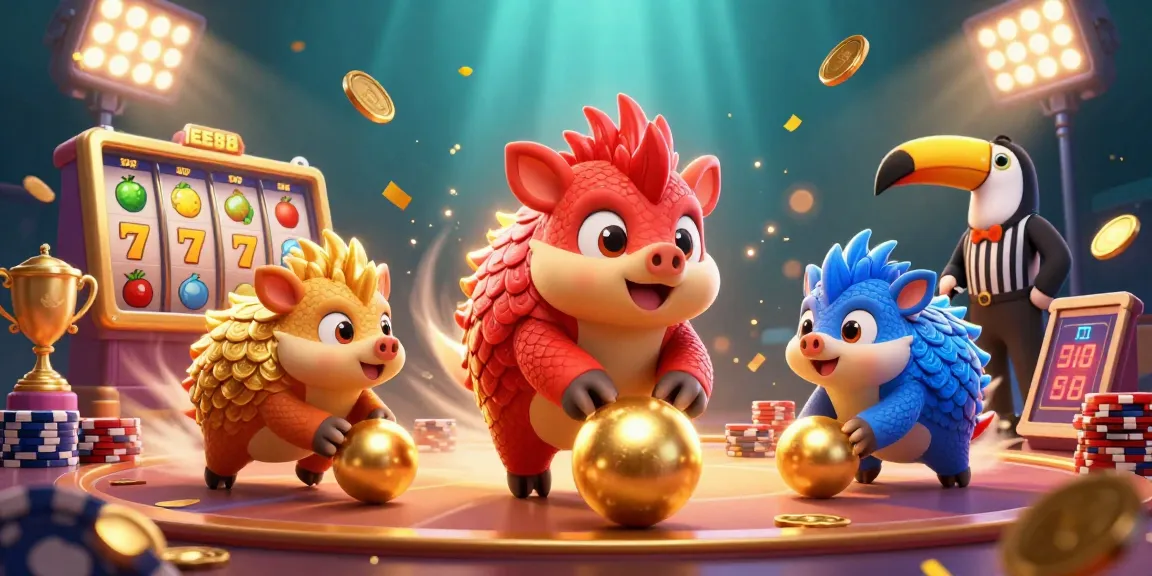Experience thrilling excitement with EE88 as rival pangolins roll through stacks of poker chips amidst vibrant slot elements.