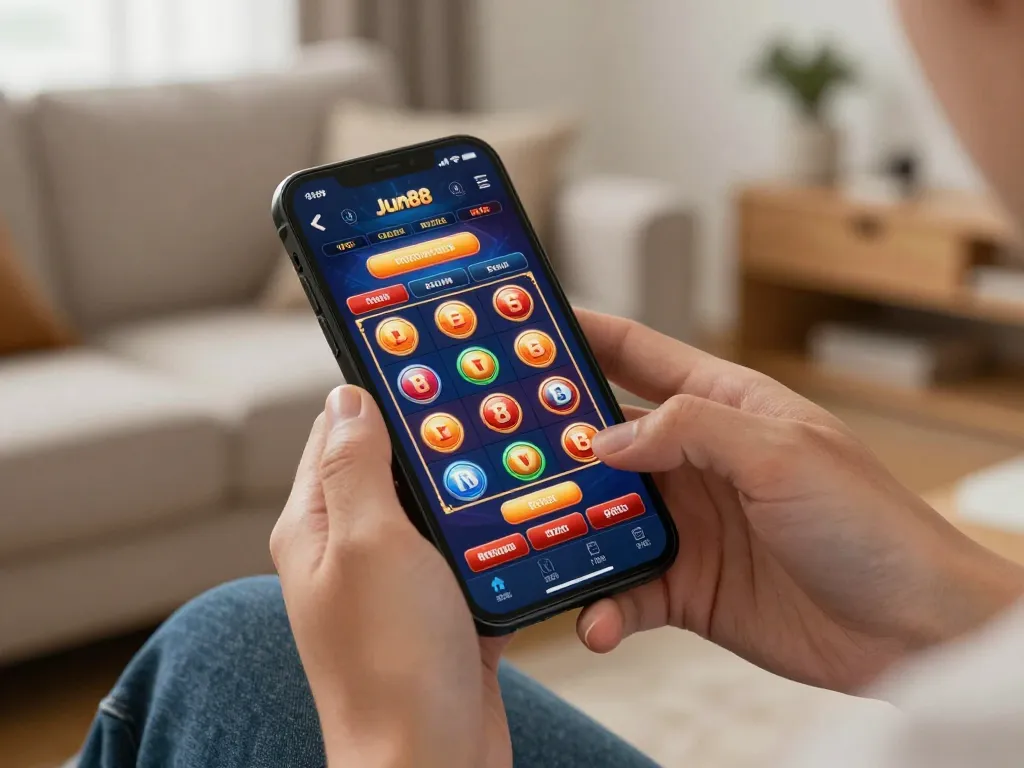 Engaging mobile gaming scene with Jun88 app, showcasing vibrant slots and easy navigation for fun gameplay.