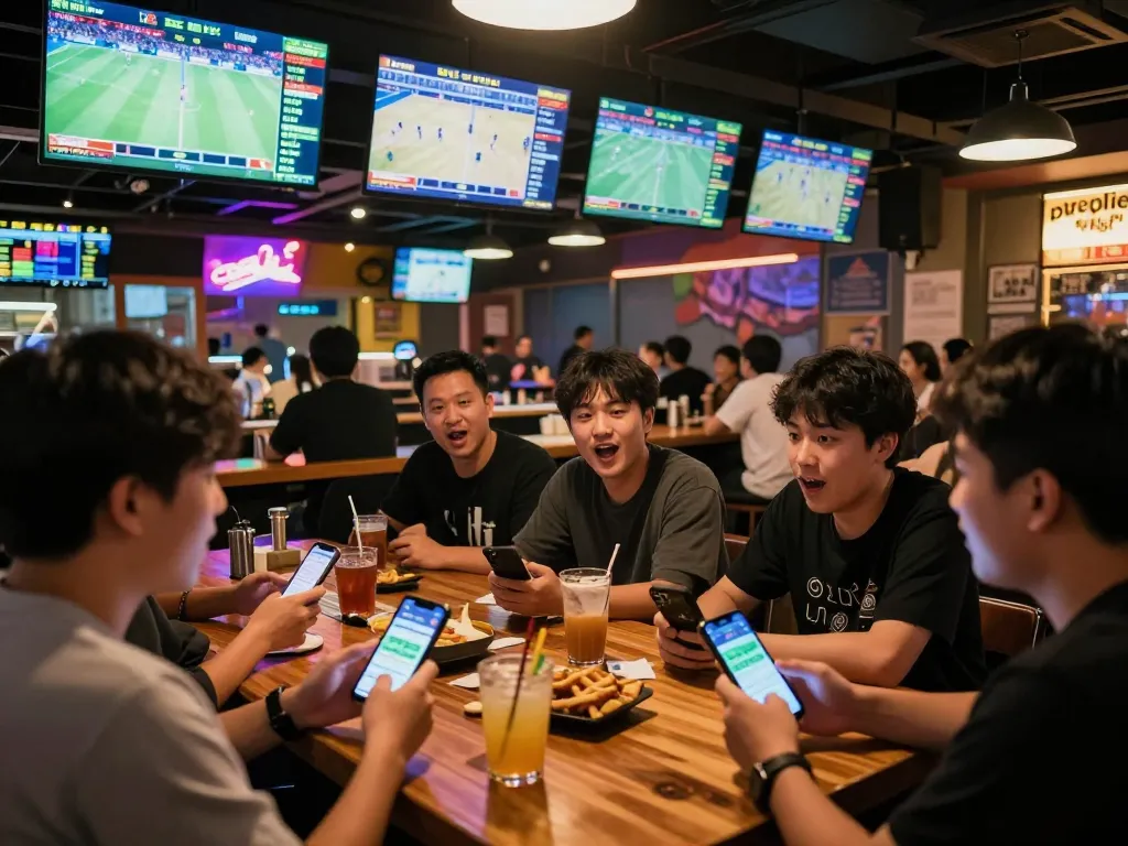 Patrons engaged in lively sports betting analyzing tin soi kèo on smartphones at a vibrant sports bar