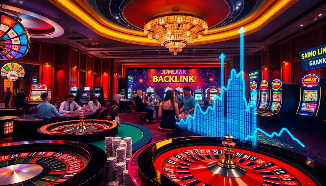Exciting casino atmosphere with players, chips, and JUMLAH BACKLINK themes enhancing the gambling experience.