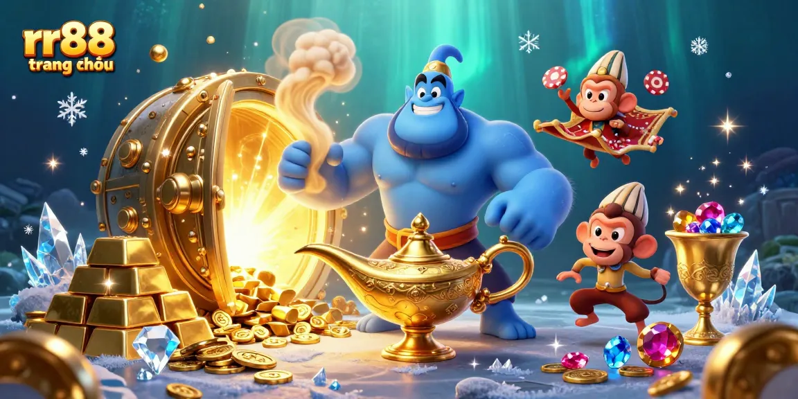 Experience exciting wins at rr88 trang chủ with magical casino adventures, featuring a genie and poker themed elements.