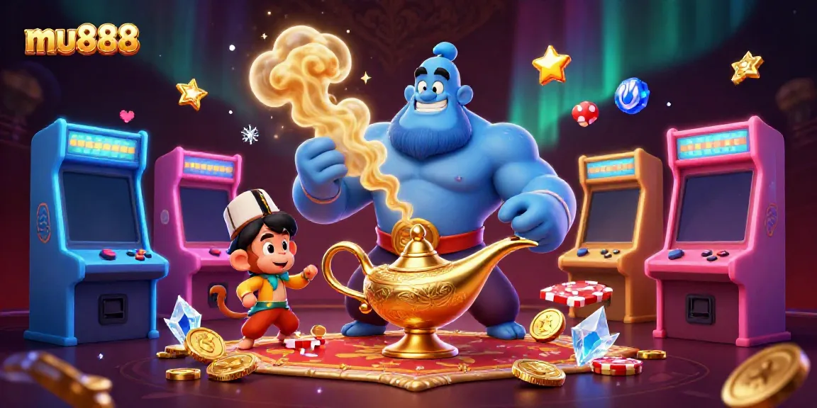 Experience the excitement of mu888 with this vibrant 3D casino illustration featuring a genie, monkey, and magic carpet.