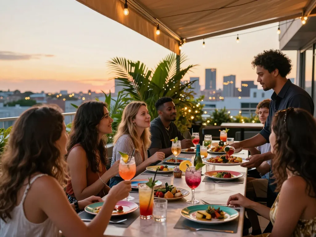 Experience vibrant cocktails and skyline views at NoHu rooftop bar and restaurant.