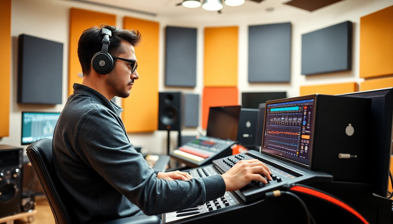 Engineer focused on online audio mastering in a modern studio setting