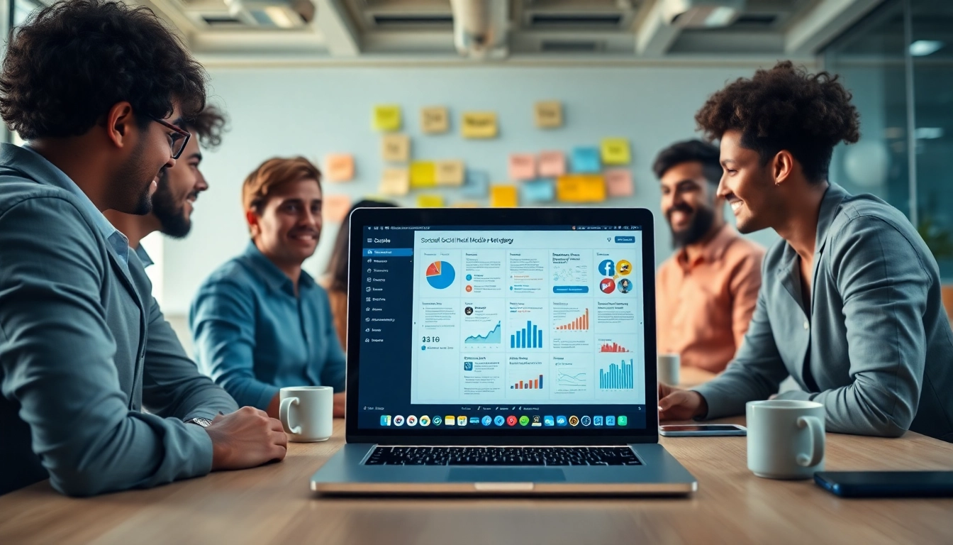 Engaging social media marketing strategy session highlights collaboration and analytics.