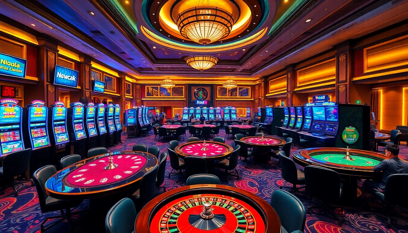 Exciting gameplay at Nhà cái F168 with vibrant slot machines and poker tables in a luxurious casino setting.