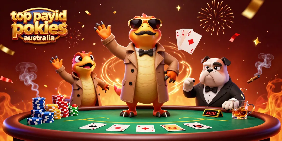 Experience the thrill of top payid pokies Australia with raptors in a trench coat at a packed casino scene.