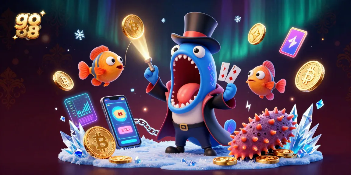 Engage with go 88's exciting casino experience featuring card tricks, deep-sea characters, and vibrant cryptocurrency elements.