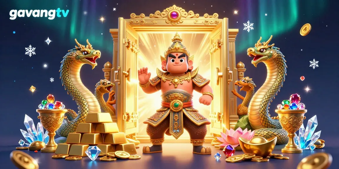 Win big at gavangtv with a vibrant scene of a Thai temple guardian surrounded by treasures and gaming elements.