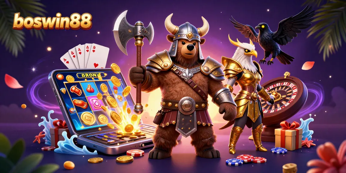 Gambaran menarik boswin88 dengan karakter beruang Viking, elang Valkyrie, dan elemen game slot yang dinamis.