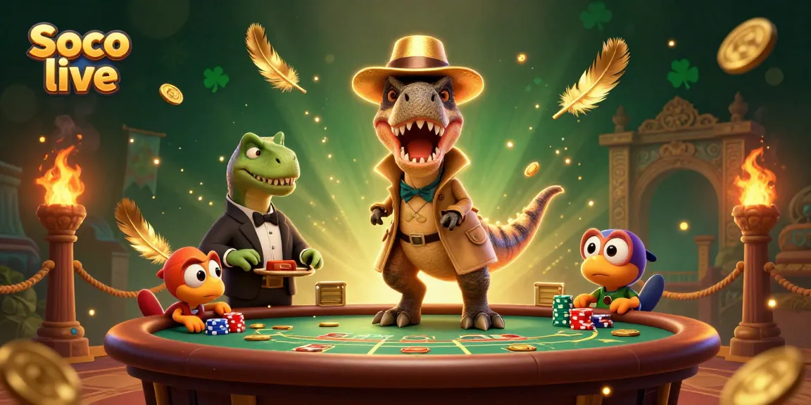Experience the thrill of Soco live with a velociraptor card counter at a blackjack table surrounded by gold and action.